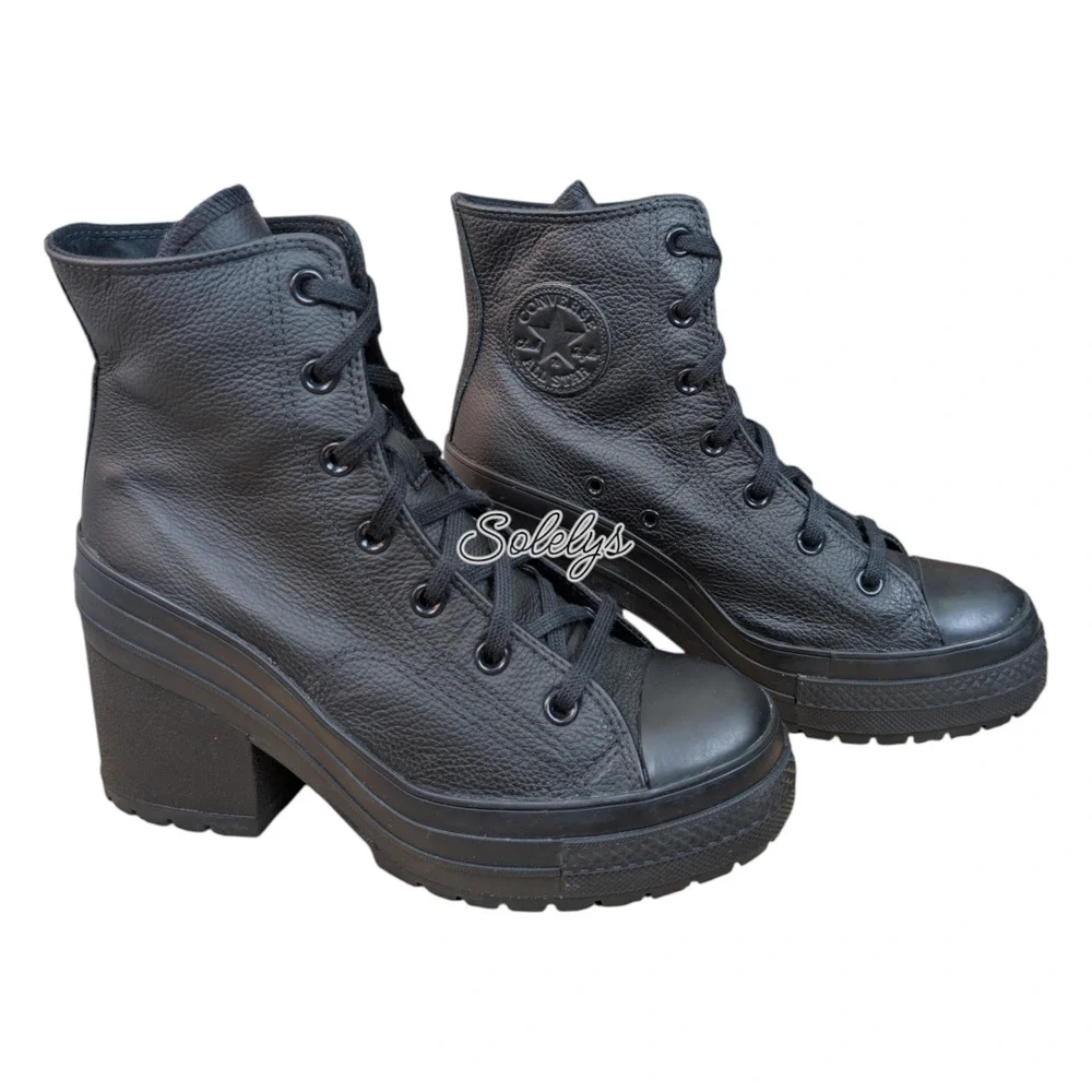 Converse Chuck 70 De Luxe Heel Leather Black Monochrome Sneaker Boot Womens 9 - Picture 5 of 10